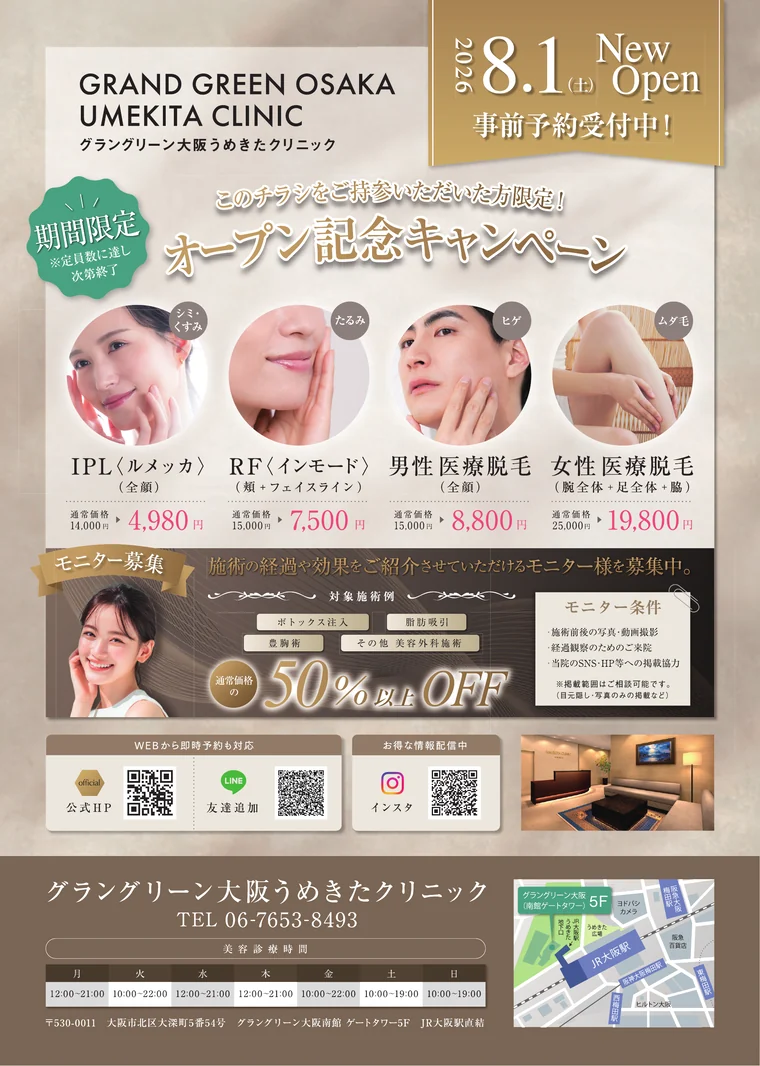 うめきたクリニック オープン記念キャンペーン チラシ（表面）